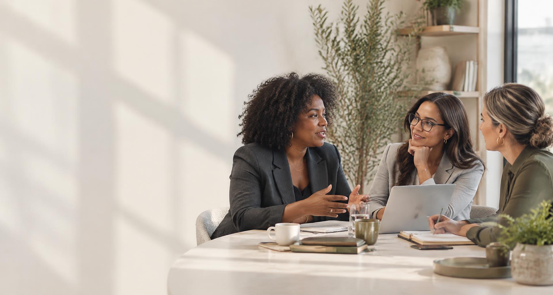 Women founders sharing ideas around a table
